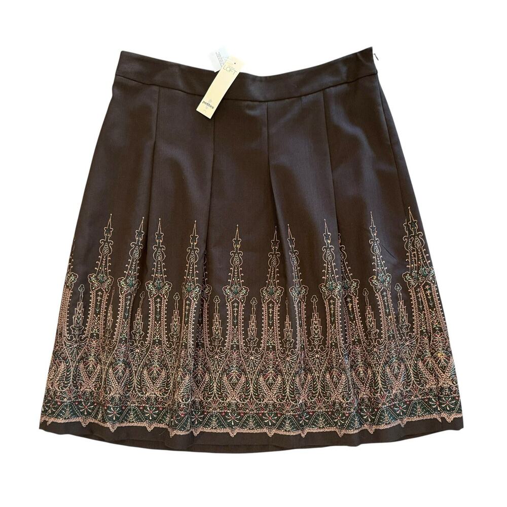 NWT Ann Taylor LOFT Skirt Brown Embroidered A Line Full Skirt Lined Women’s 14P